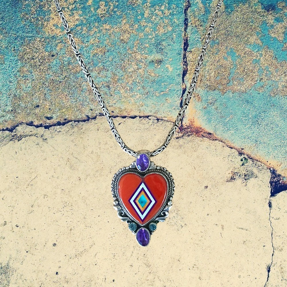 Sterling Silver Fancy Red Coral Inlay Heart and Amethyst Pendant